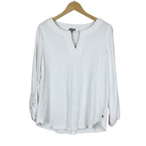 T by Talbots White Knit Split Neck Long Sleeve Tunic Size Medium